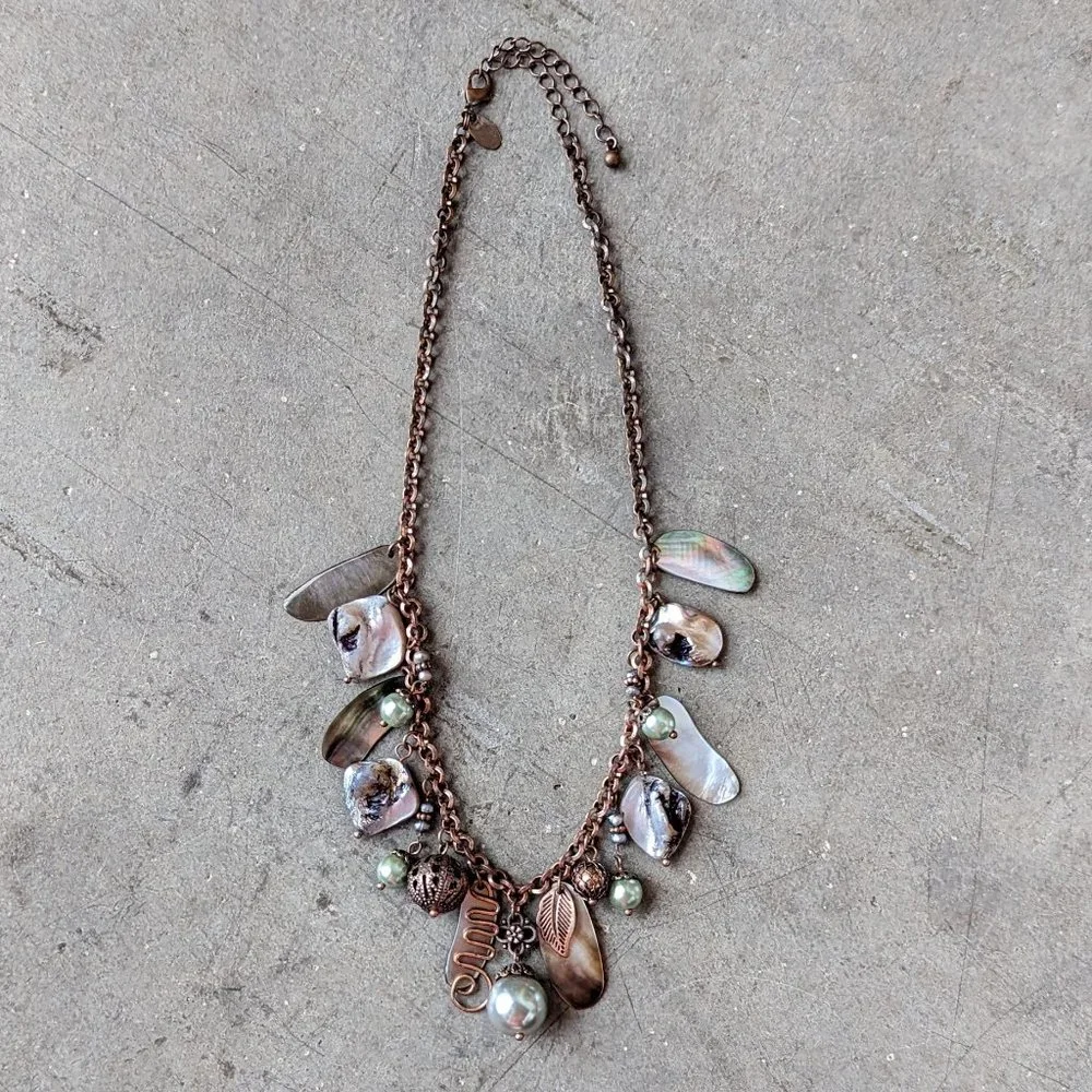 Lia Sophia Gold Broze Mother of Pearl Pendant Statement Necklace
